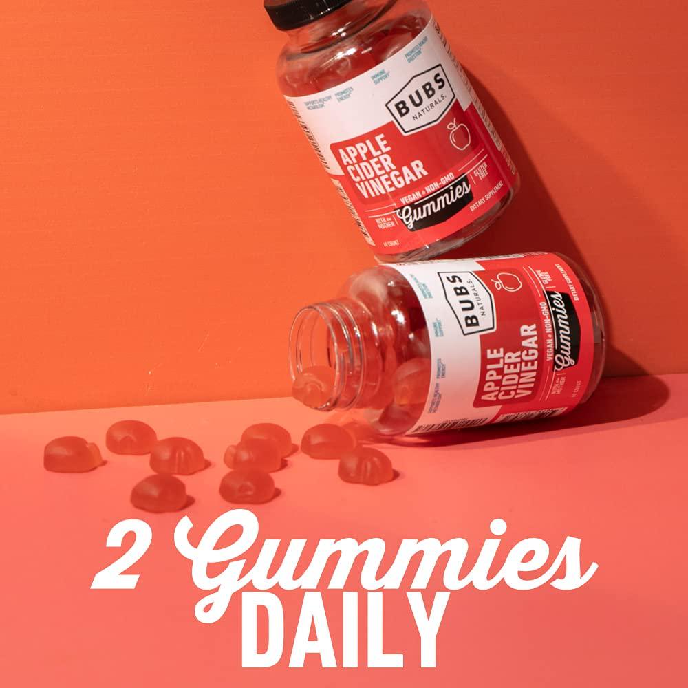 BUBS Naturals Apple Cider Vinegar Gummies - With the Mother - All Natural Vegan ACV Gummy Vitamins - Supports Detox, Digestion - Promotes Energy, Boosts Metabolism, B Vitamins - 60 Count