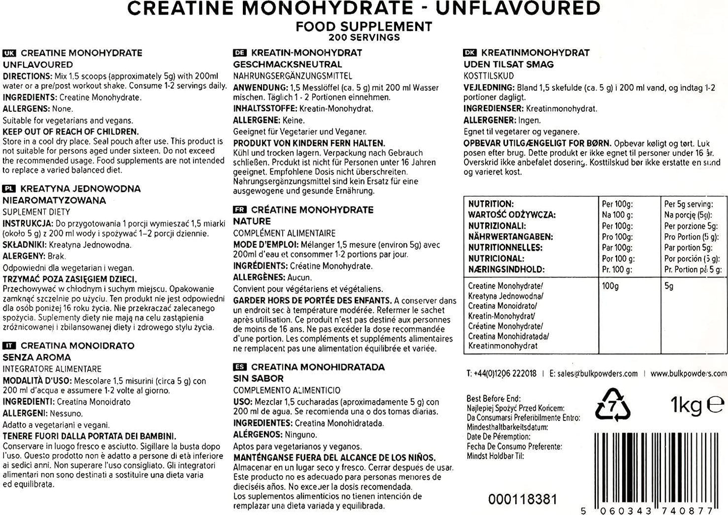 BULK POWDERS Creatine Monohydrate Powder, Pure Unflavoured, 1 kg