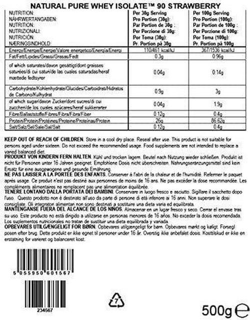 BULK POWDERS Natural Pure Whey Protein Isolate 90, No Artificial Sweetners, Strawberry, 500 g