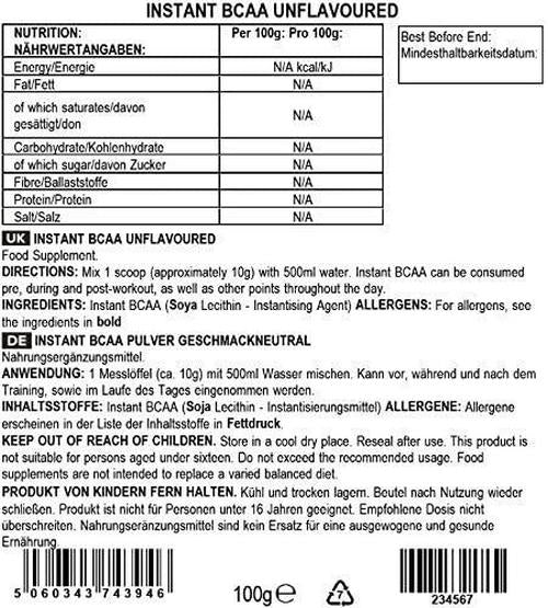 BULK POWDERS Pure Instant Branched Chain Amino Acids (BCAA) Powder, Unflavoured, 100 g