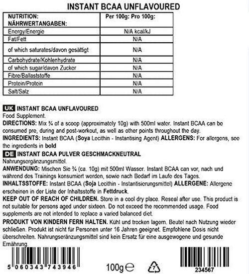 BULK POWDERS Pure Instant Branched Chain Amino Acids (BCAA) Powder, Unflavoured, 100 g