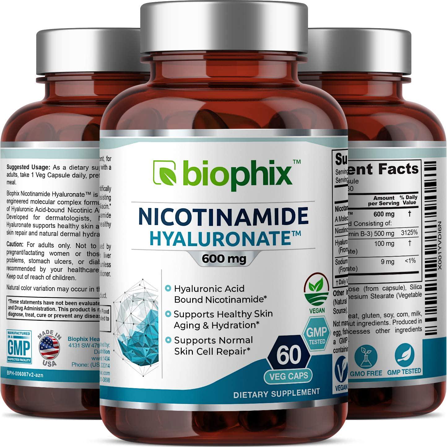 B-3 Nicotinamide Hyaluronate 600 mg 60 Vcaps - Hyaluronic Acid Natural Flush-Free Nicotinic Amide Niacin - Supports Skin Cell Health
