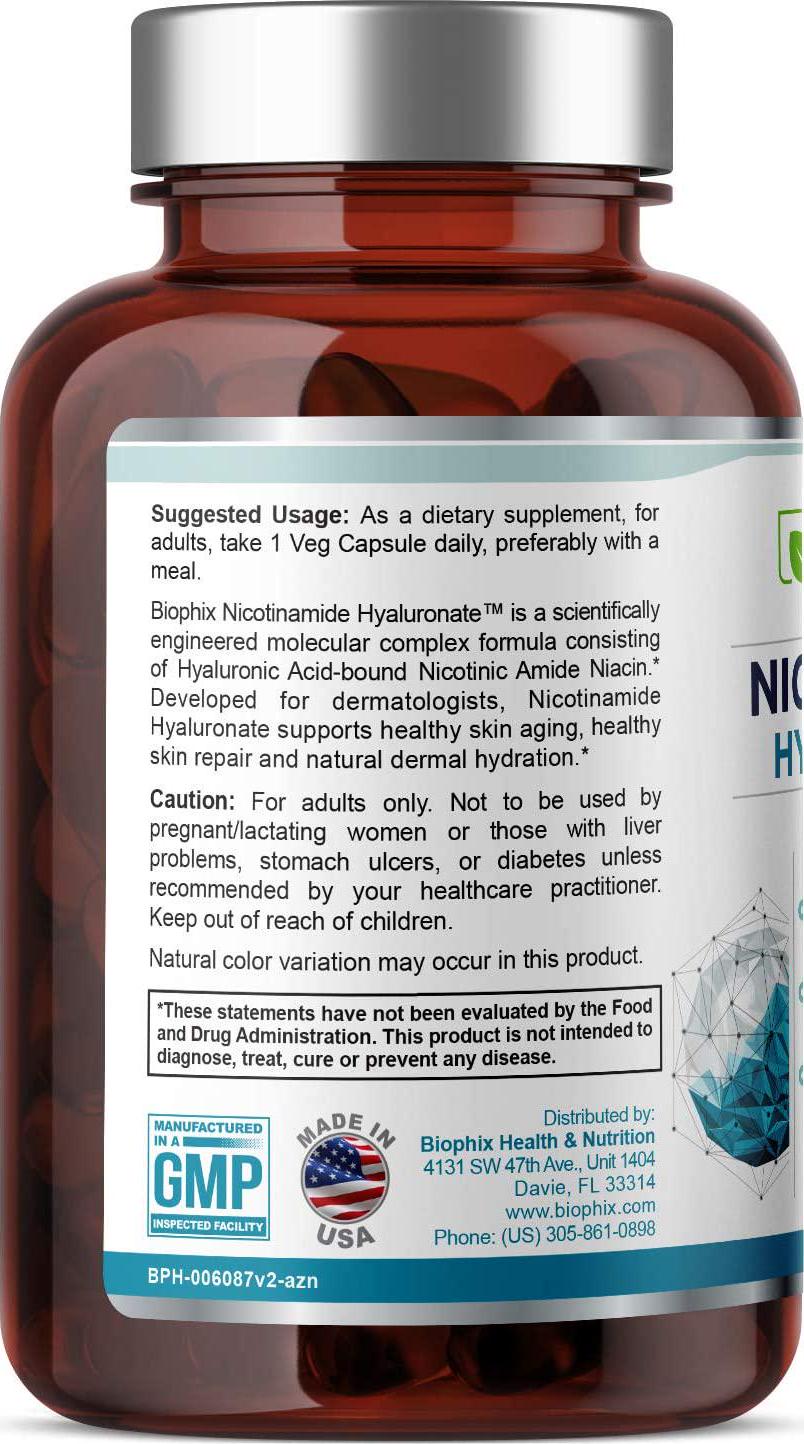 B-3 Nicotinamide Hyaluronate 600 mg 60 Vcaps - Hyaluronic Acid Natural Flush-Free Nicotinic Amide Niacin - Supports Skin Cell Health