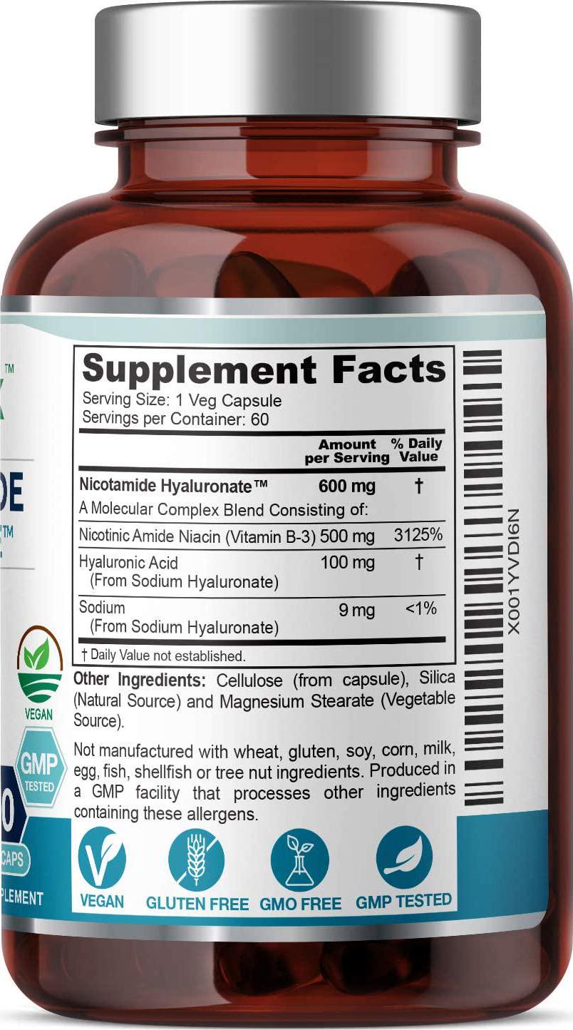B-3 Nicotinamide Hyaluronate 600 mg 60 Vcaps - Hyaluronic Acid Natural Flush-Free Nicotinic Amide Niacin - Supports Skin Cell Health