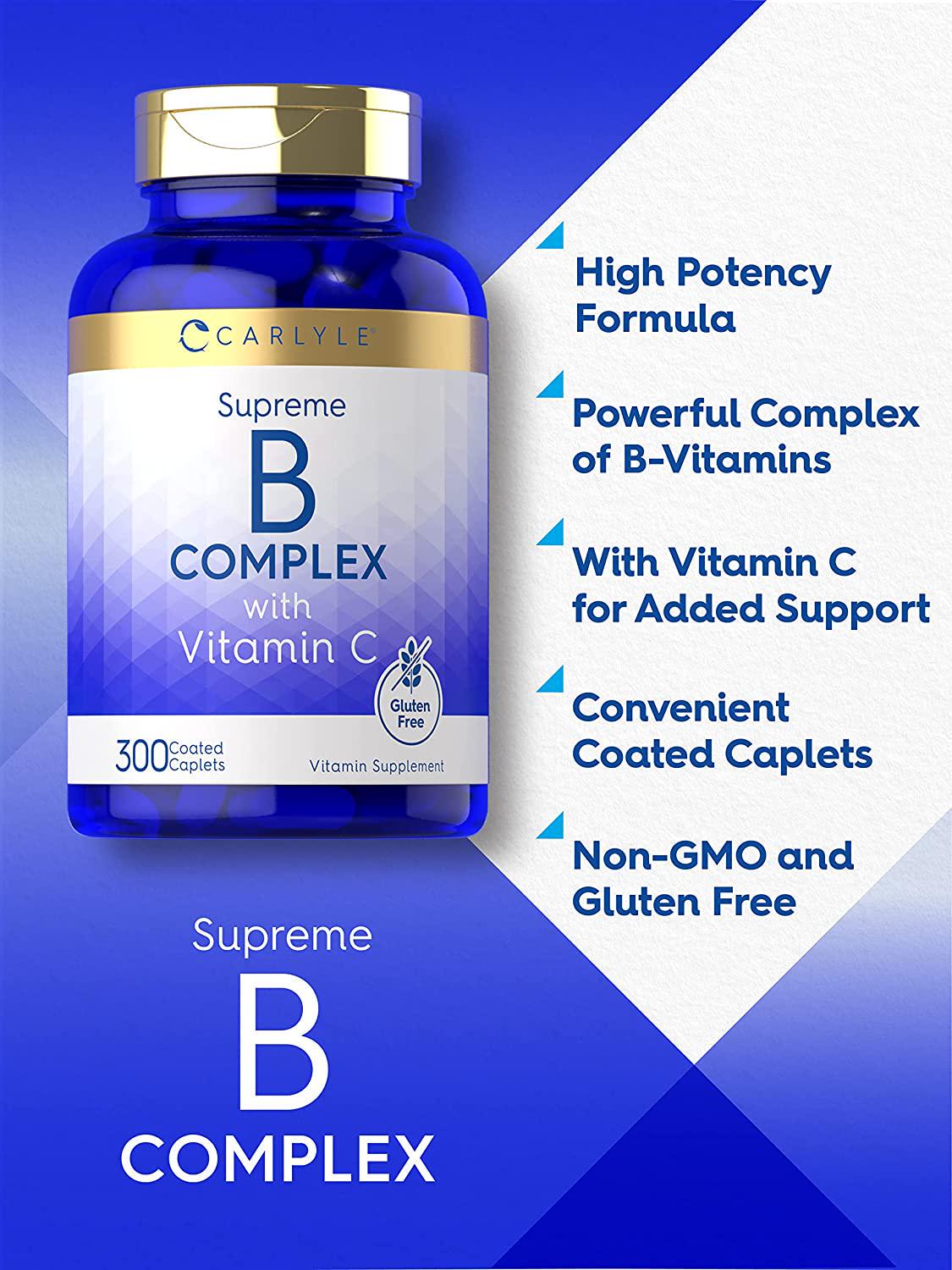 B Complex with Vitamin C | 300 Caplets | Vegetarian Supplement, Non-GMO and Gluten Free | by Carlyle