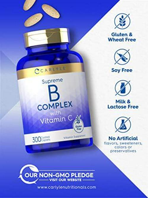 B Complex with Vitamin C | 300 Caplets | Vegetarian Supplement, Non-GMO and Gluten Free | by Carlyle