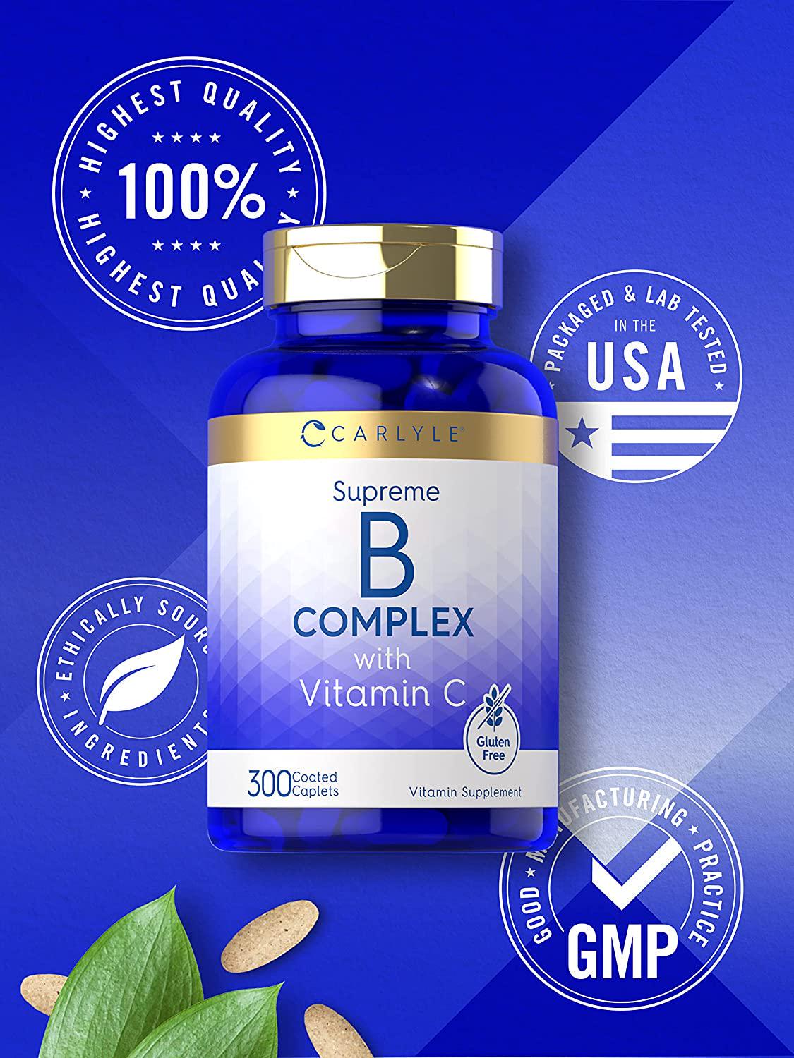 B Complex with Vitamin C | 300 Caplets | Vegetarian Supplement, Non-GMO and Gluten Free | by Carlyle