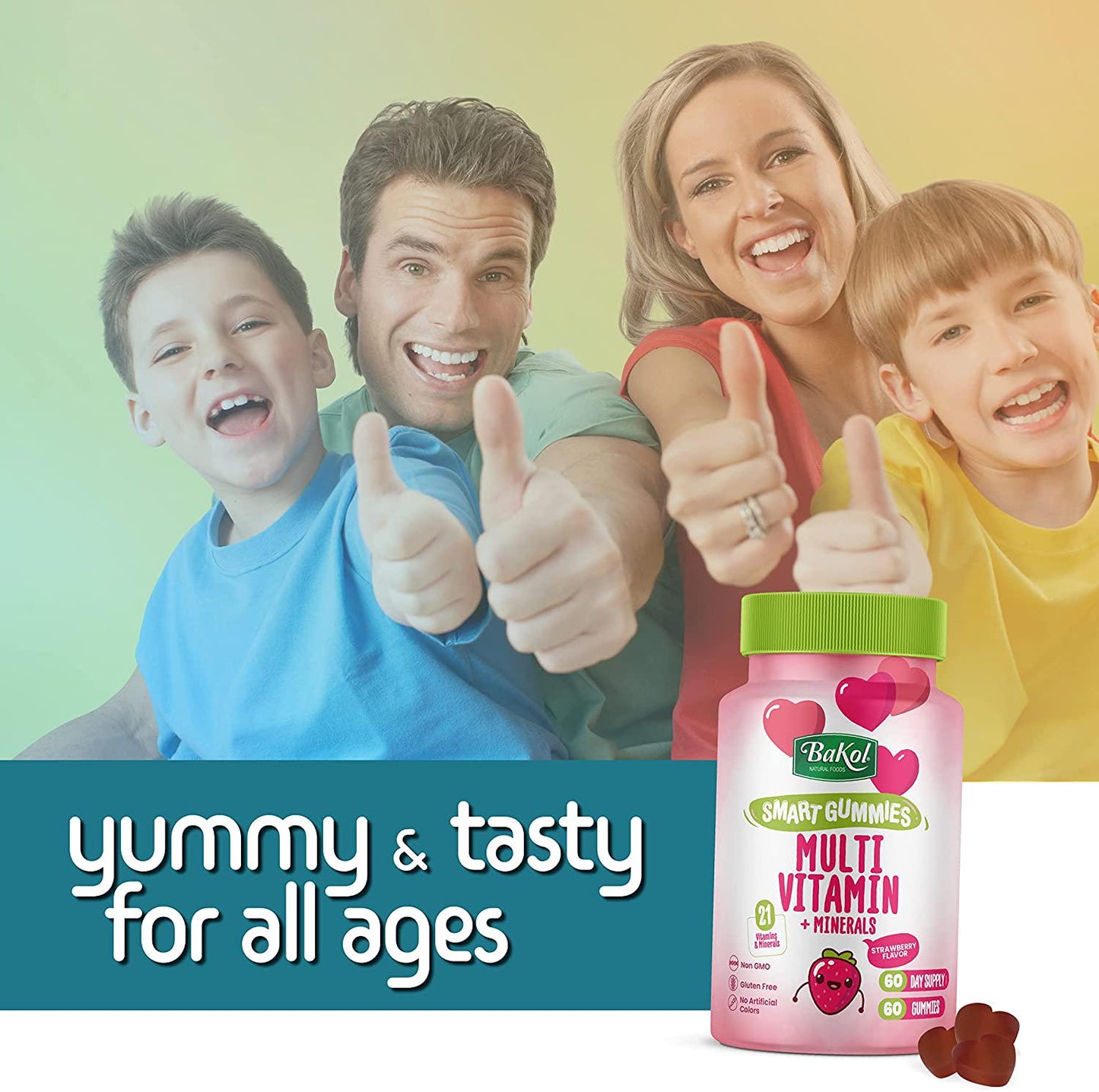 BaKol Vegan Multivitamin Gummies with 21 Multivitamins and Minerals - 60 Chewable Adult and Kids Vitamins for Immune Support, Healthy Teeth and Skin (Strawberry)