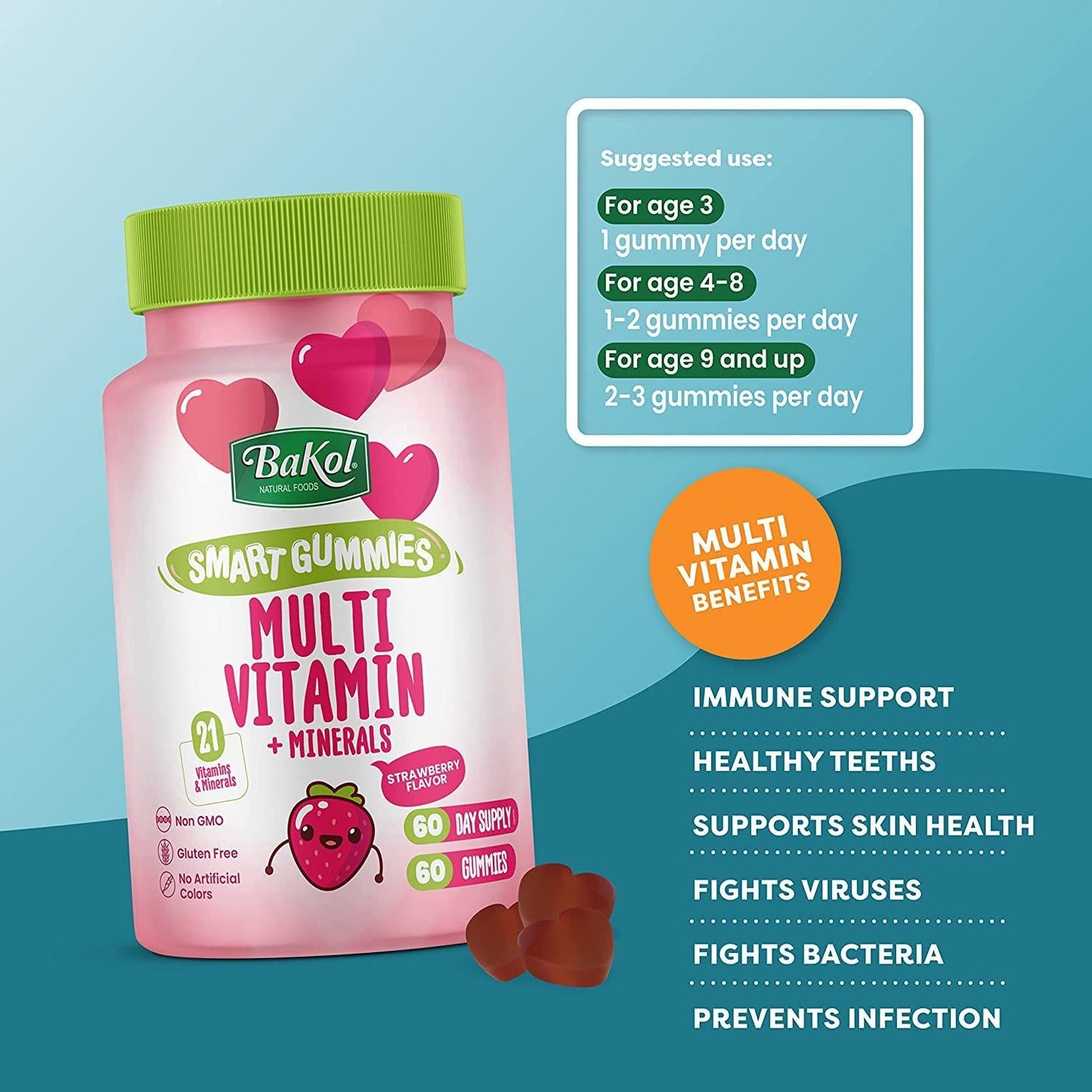 BaKol Vegan Multivitamin Gummies with 21 Multivitamins and Minerals - 60 Chewable Adult and Kids Vitamins for Immune Support, Healthy Teeth and Skin (Strawberry)