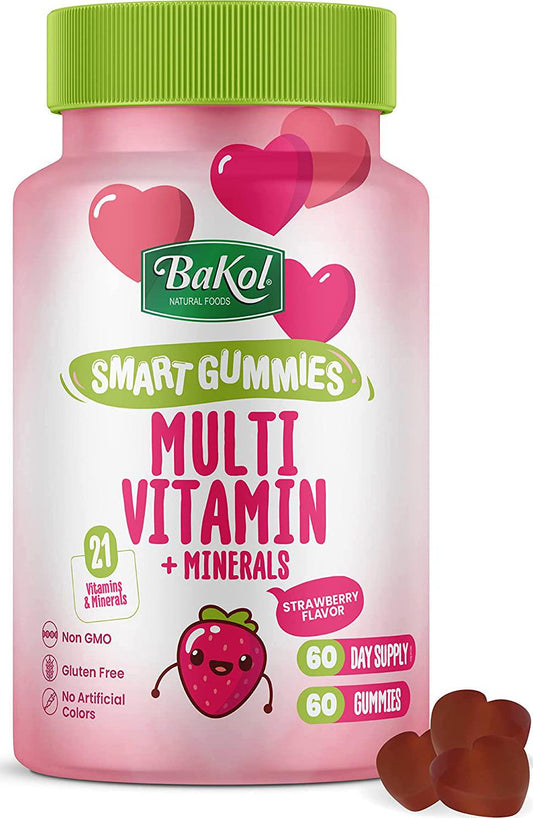 BaKol Vegan Multivitamin Gummies with 21 Multivitamins and Minerals - 60 Chewable Adult and Kids Vitamins for Immune Support, Healthy Teeth and Skin (Strawberry)