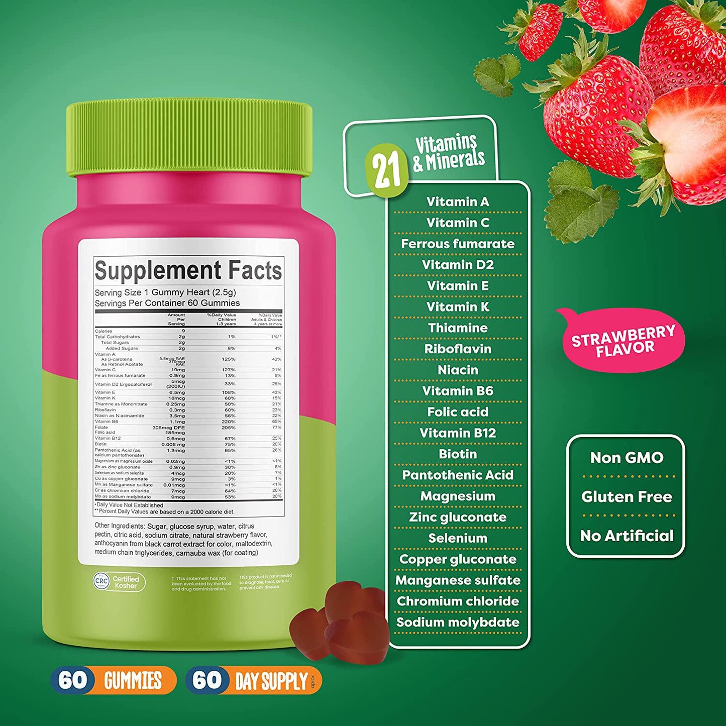 BaKol Vegan Multivitamin Gummies with 21 Multivitamins and Minerals - 60 Chewable Adult and Kids Vitamins for Immune Support, Healthy Teeth and Skin (Strawberry)