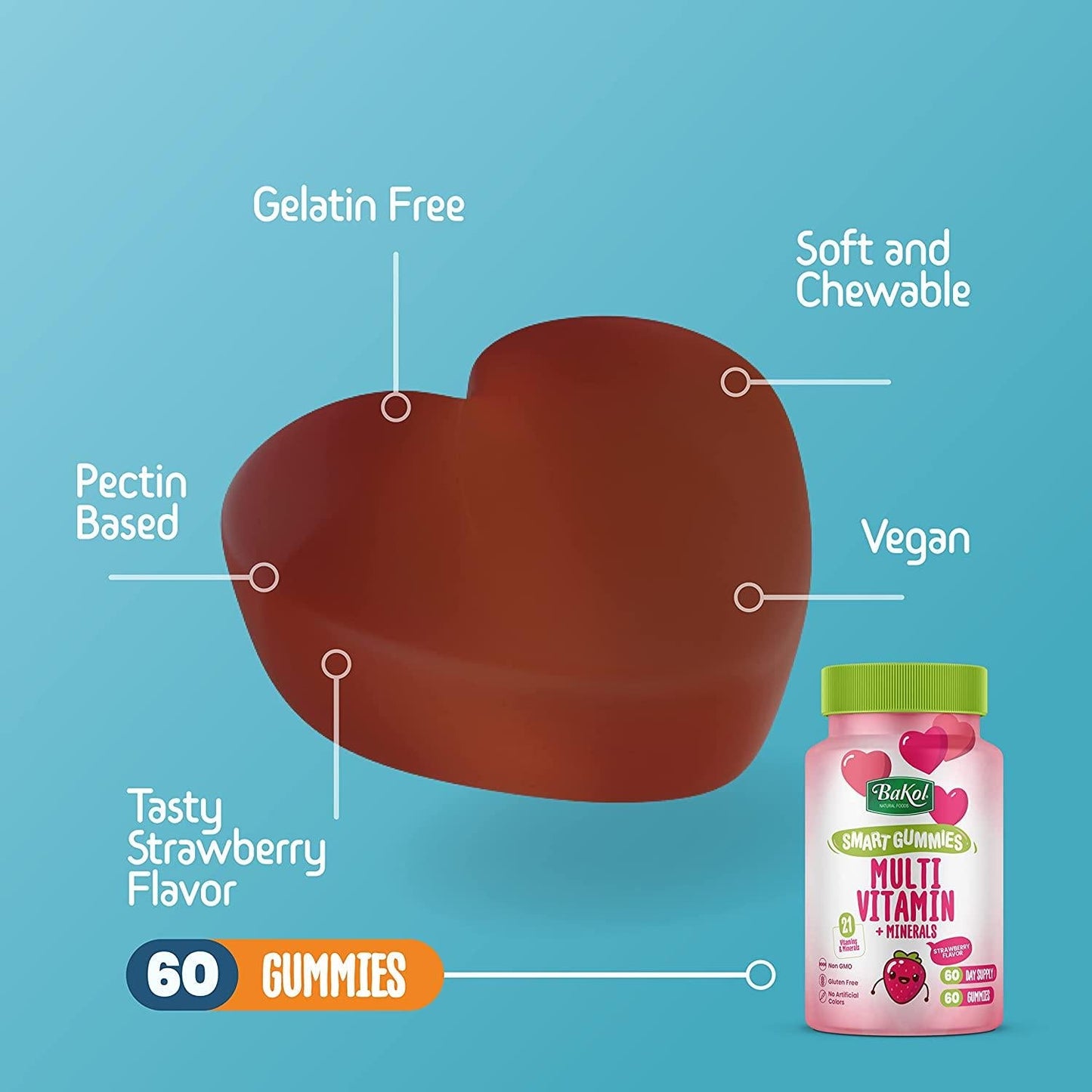 BaKol Vegan Multivitamin Gummies with 21 Multivitamins and Minerals - 60 Chewable Adult and Kids Vitamins for Immune Support, Healthy Teeth and Skin (Strawberry)