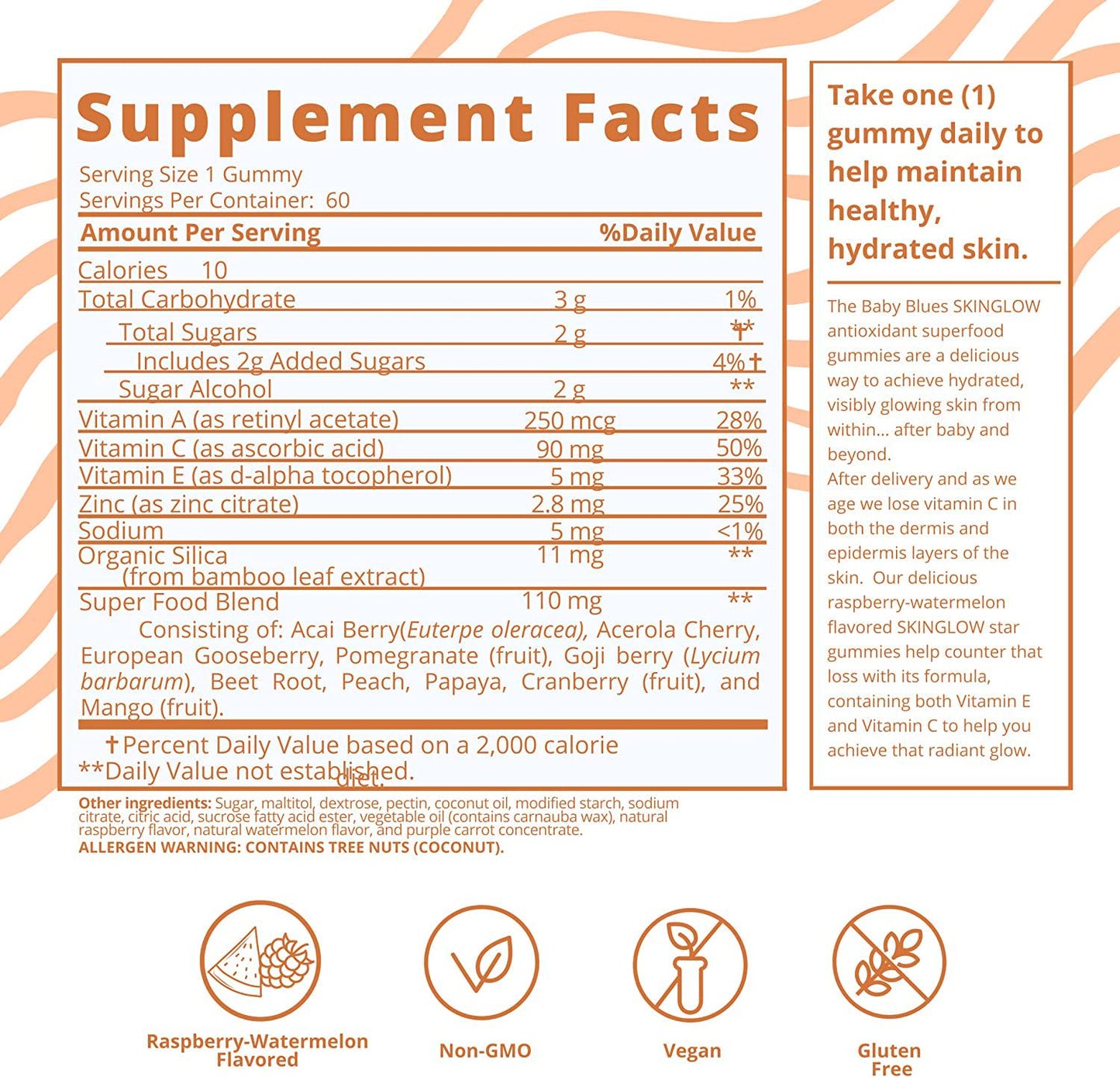 Baby Blues Superfood Skin Glow Gummies (60 Pieces) - Watermelon Raspberry - Superfruits Vitamins for Women With Acai, Gooseberry and Vitamin C - Increases Collagen Absorption - Slows Down Aging Symptoms