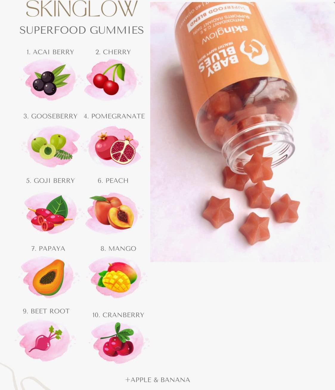 Baby Blues Superfood Skin Glow Gummies (60 Pieces) - Watermelon Raspberry - Superfruits Vitamins for Women With Acai, Gooseberry and Vitamin C - Increases Collagen Absorption - Slows Down Aging Symptoms