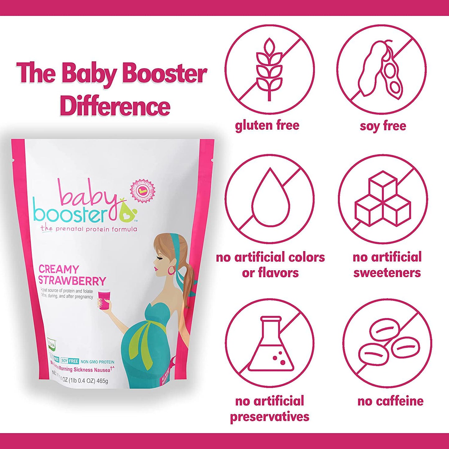 Baby Booster Creamy Strawberry Prenatal Vitamin Supplement and Protein Shake, Caffeine Free, All Natural, Vegetarian DHA, High Protein, Methyl Folate, B Vitamins, Great for Morning Sickness, 1 lb