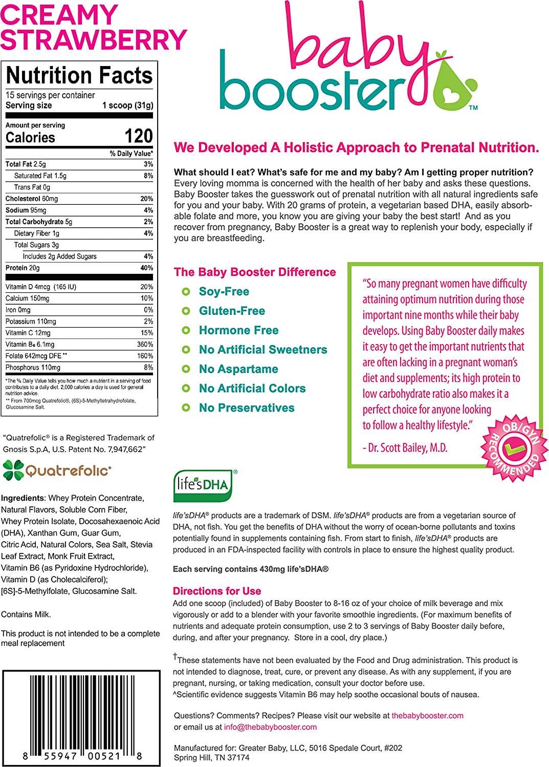 Baby Booster Creamy Strawberry Prenatal Vitamin Supplement and Protein Shake, Caffeine Free, All Natural, Vegetarian DHA, High Protein, Methyl Folate, B Vitamins, Great for Morning Sickness, 1 lb