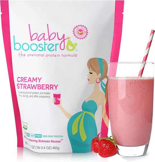Baby Booster Creamy Strawberry Prenatal Vitamin Supplement and Protein Shake, Caffeine Free, All Natural, Vegetarian DHA, High Protein, Methyl Folate, B Vitamins, Great for Morning Sickness, 1 lb