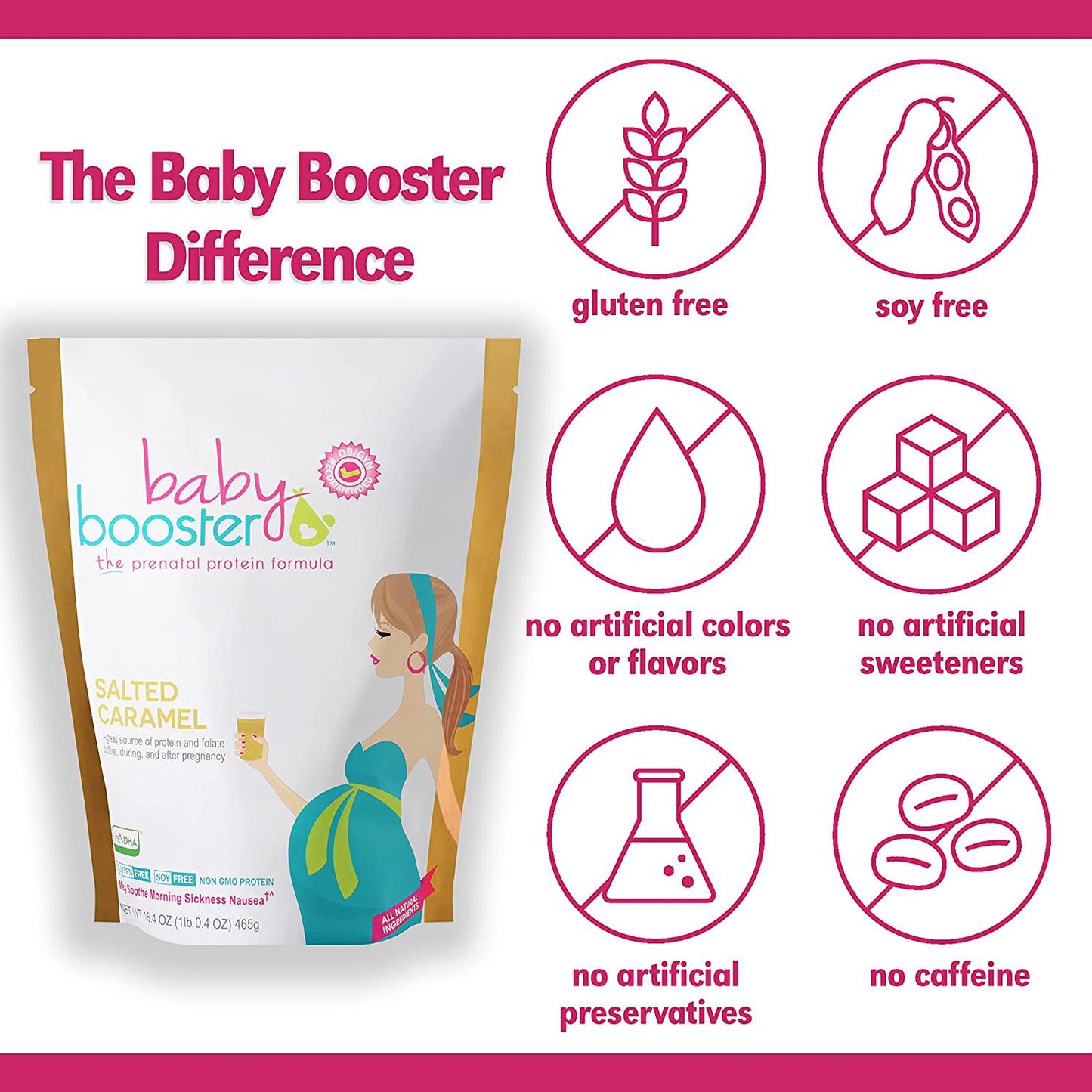 Baby Booster Salted Caramel Prenatal Vitamin Supplement and Protein Shake, Caffeine Free, All Natural, Vegetarian DHA, High Protein, Methyl Folate, B Vitamins, Great for Morning Sickness, 1 lb