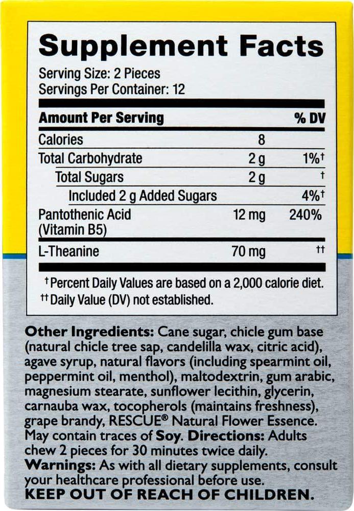 Bach RESCUE Plus Gum, Natural Mint Flavor, Stress and Tension Relief, L-Theanine and Vitamin B5 Dietary Supplement, Biodegradable Chicle Gum, No Artificial Sweeteners, Flavors, Colors, 10 Pack