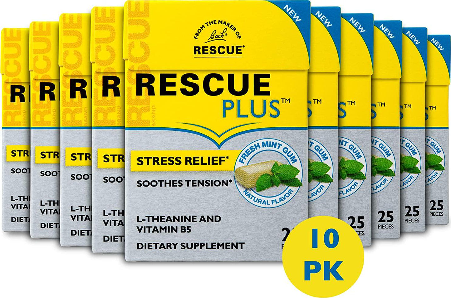 Bach RESCUE Plus Gum, Natural Mint Flavor, Stress and Tension Relief, L-Theanine and Vitamin B5 Dietary Supplement, Biodegradable Chicle Gum, No Artificial Sweeteners, Flavors, Colors, 10 Pack