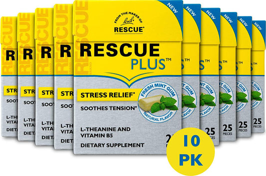 Bach RESCUE Plus Gum, Natural Mint Flavor, Stress and Tension Relief, L-Theanine and Vitamin B5 Dietary Supplement, Biodegradable Chicle Gum, No Artificial Sweeteners, Flavors, Colors, 10 Pack