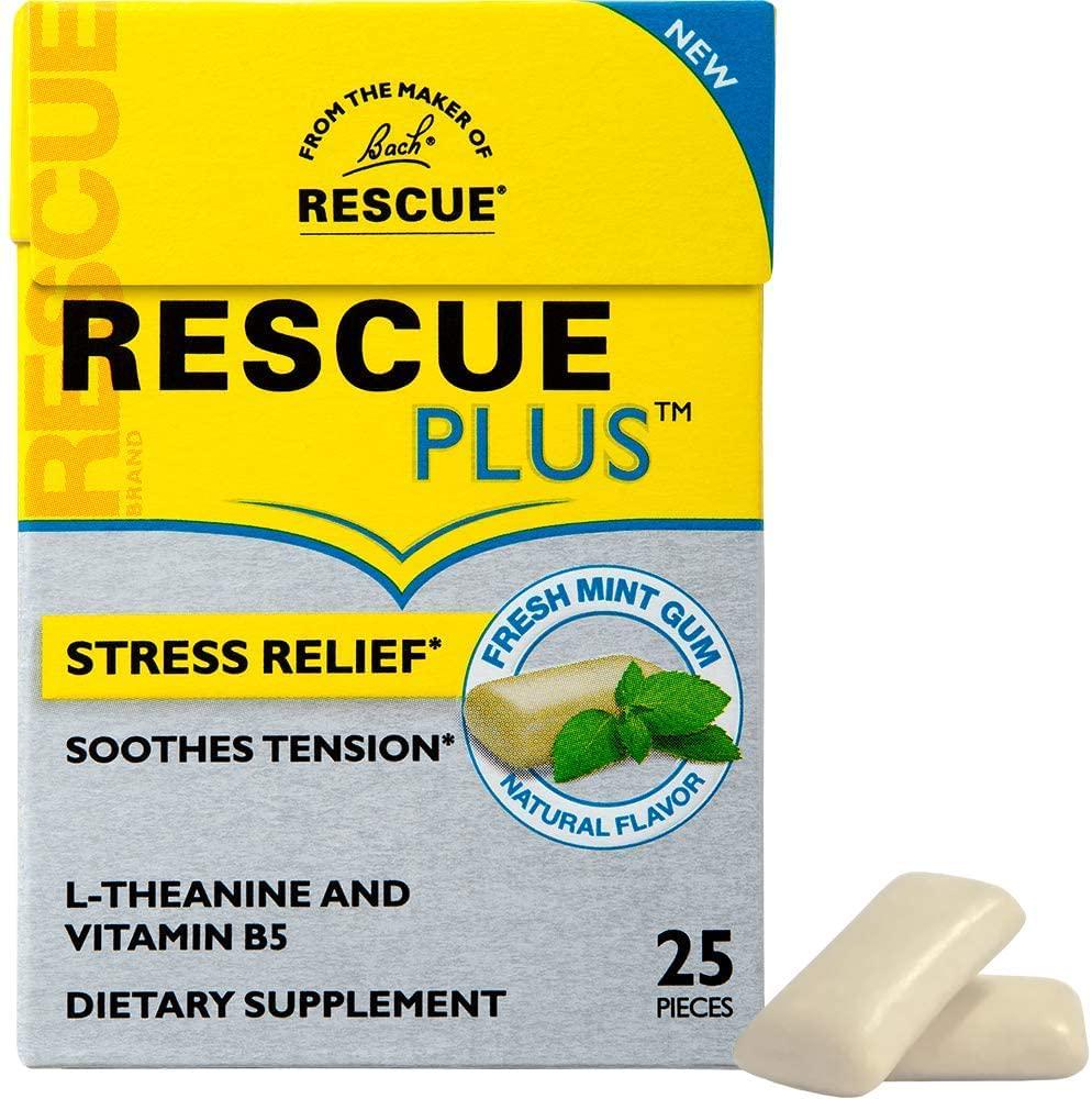 Bach RESCUE Plus Gum, Natural Mint Flavor, Stress and Tension Relief, L-Theanine and Vitamin B5 Dietary Supplement, Biodegradable Chicle Gum, No Artificial Sweeteners, Flavors, Colors, 10 Pack