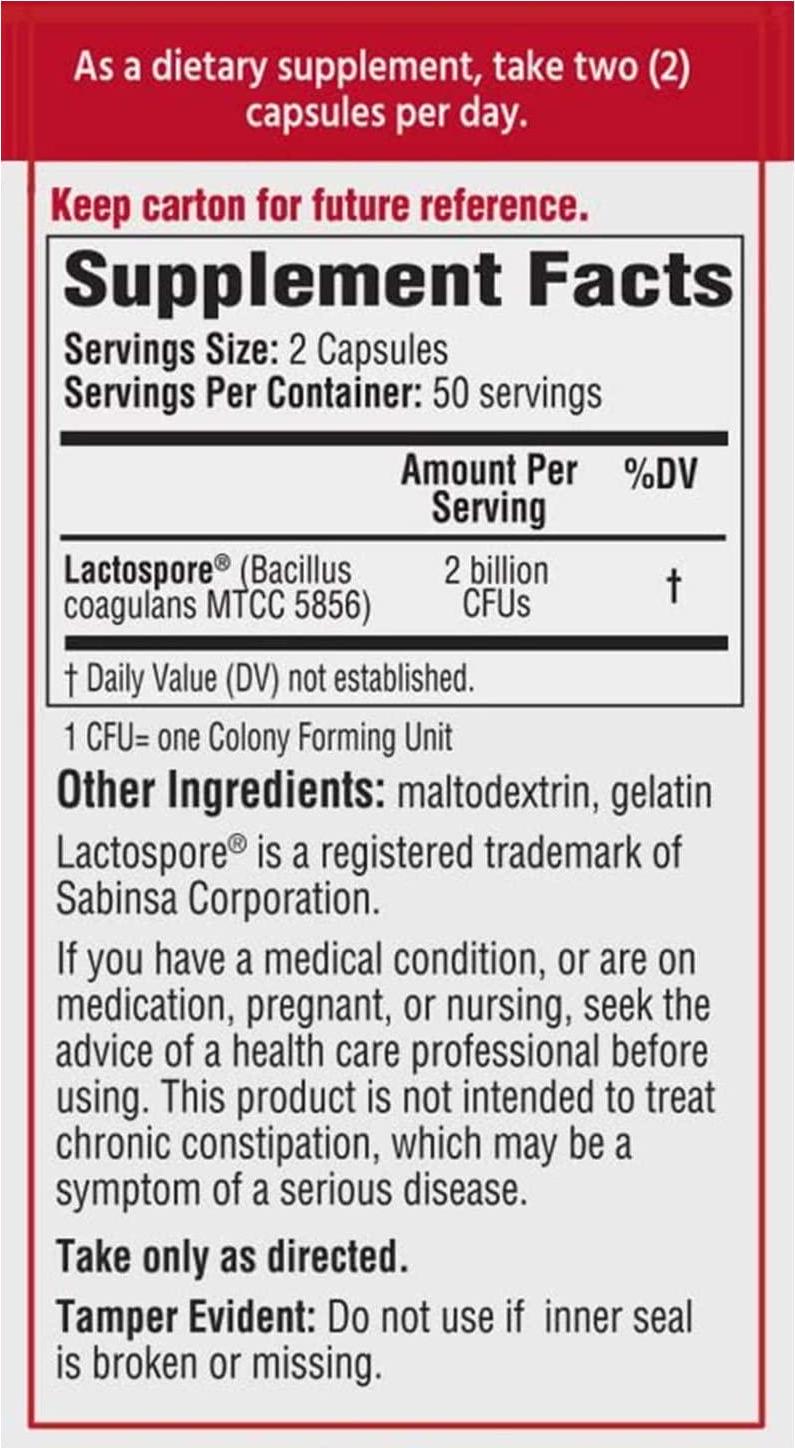 Bacid Daily Probiotic | 50 Capsules | Dietary Supplement for Digestive Health | 2 Billion Bacillus Coagulans Live Cultures