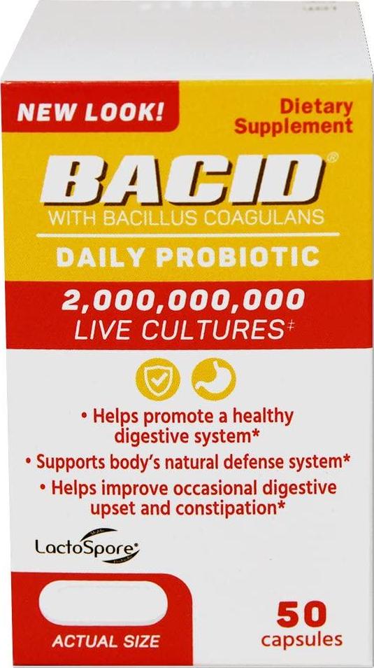 Bacid Daily Probiotic | 50 Capsules | Dietary Supplement for Digestive Health | 2 Billion Bacillus Coagulans Live Cultures
