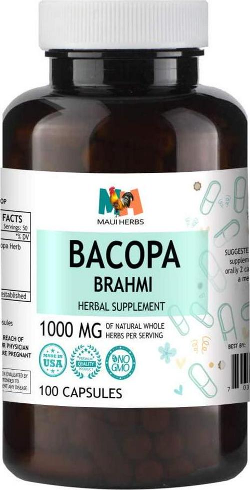 Bacopa 100 Capsules, 500 mg, Organic Bacopa Herb (Brahmi, Bacopa Monnieri)