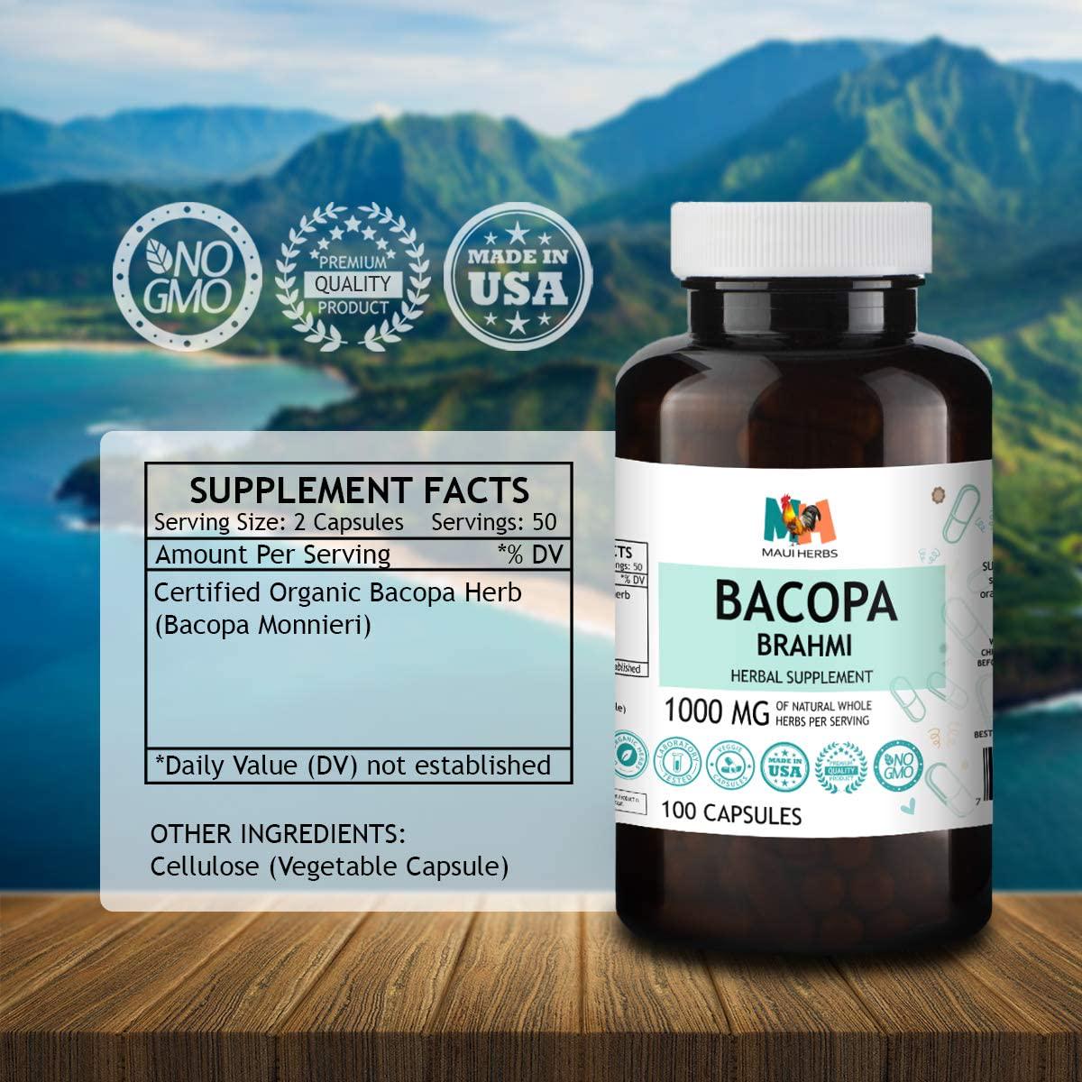 Bacopa 100 Capsules, 500 mg, Organic Bacopa Herb (Brahmi, Bacopa Monnieri)