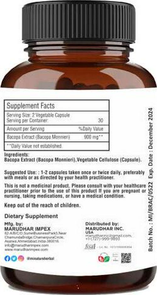 Bacopa Extract Capsules by MI Nature, 1000 mg, 60 Count | Improves Mood and Concentration | Better Brain Functioning |