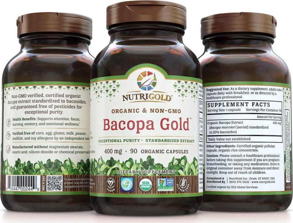 Bacopa Gold - 90 Plantcaps, Memory Enhancement Supplement with Organic Bacopa Monnieri Extract Powder