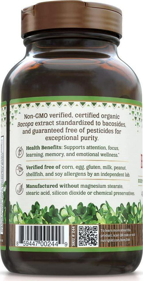 Bacopa Gold - 90 Plantcaps, Memory Enhancement Supplement with Organic Bacopa Monnieri Extract Powder