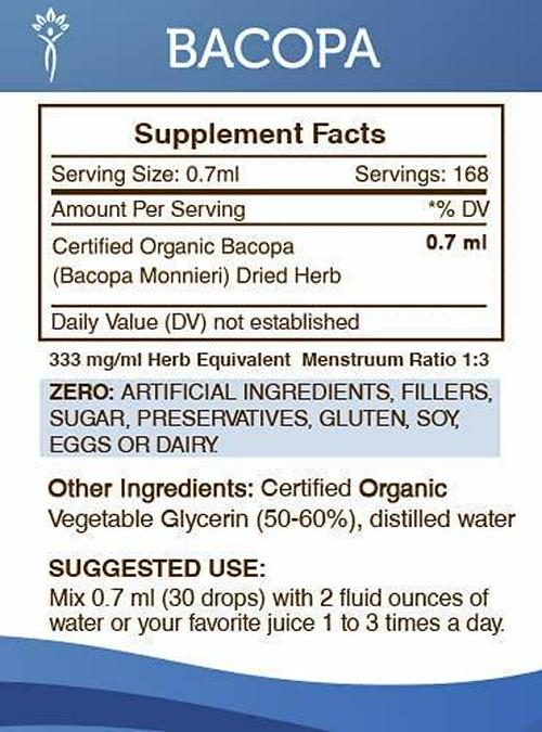 Bacopa Tincture Alcohol-Free Extract, Organic Bacopa Bacopa Monnieri Relaxation/Positive Cognitive Effect (4 fl oz)
