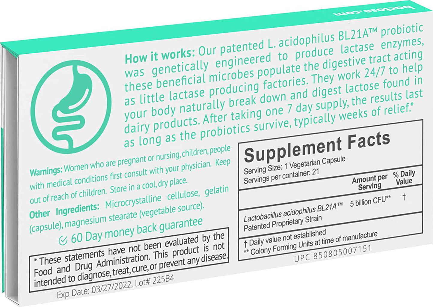 Bactose Probiotics for Lactose Intolerance - One 7 Day Supply, Provides Multiple Months of Relief - Helps Digest Dairy Lactose - Digestive PROBIOTIC Supplement That Produces Lactase Enzymes