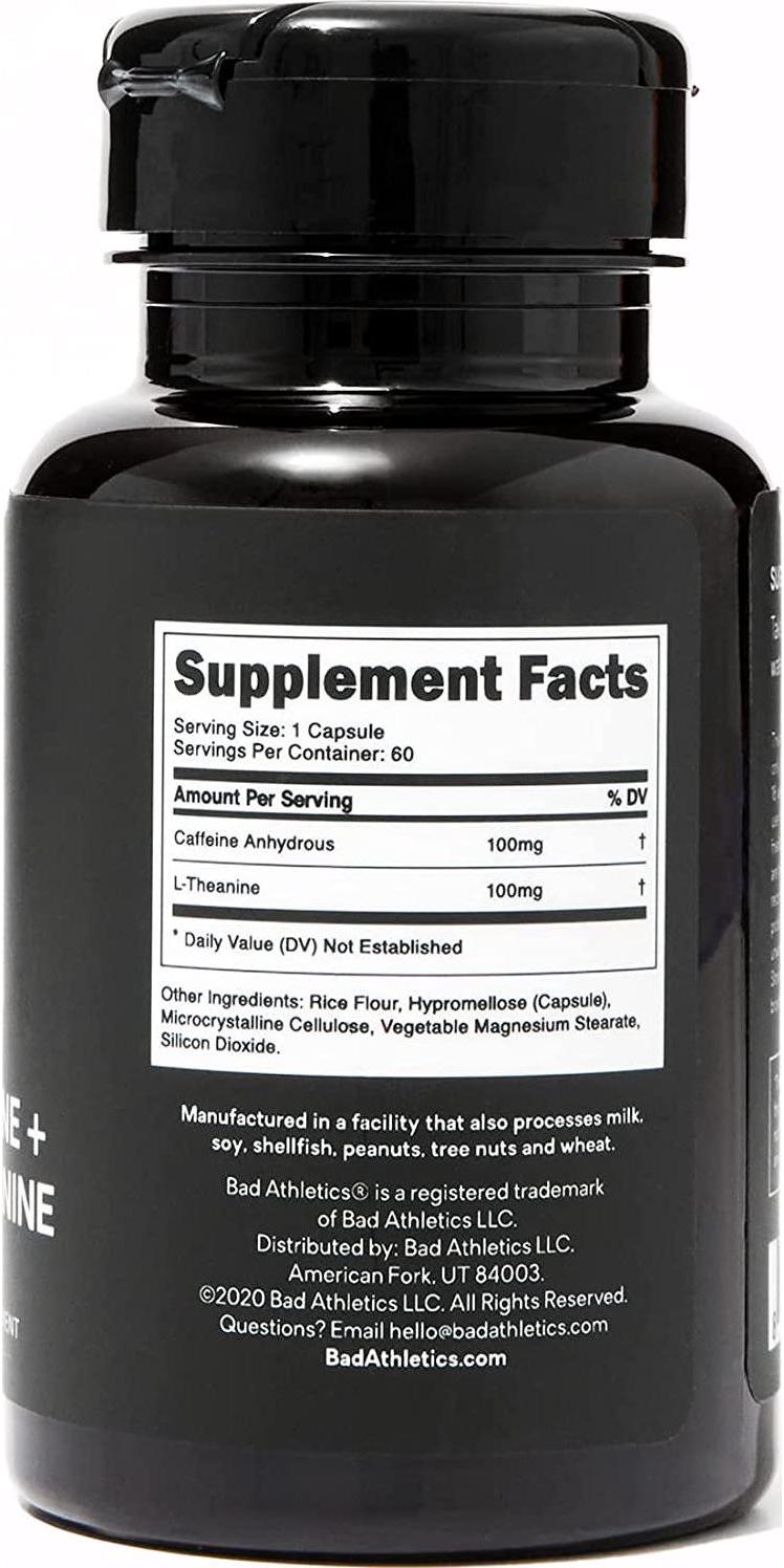 Bad Athletics Caffeine 100mg + L-Theanine 100mg Capsules | Focus and Energy | Nootropics Supplement | 60 Servings