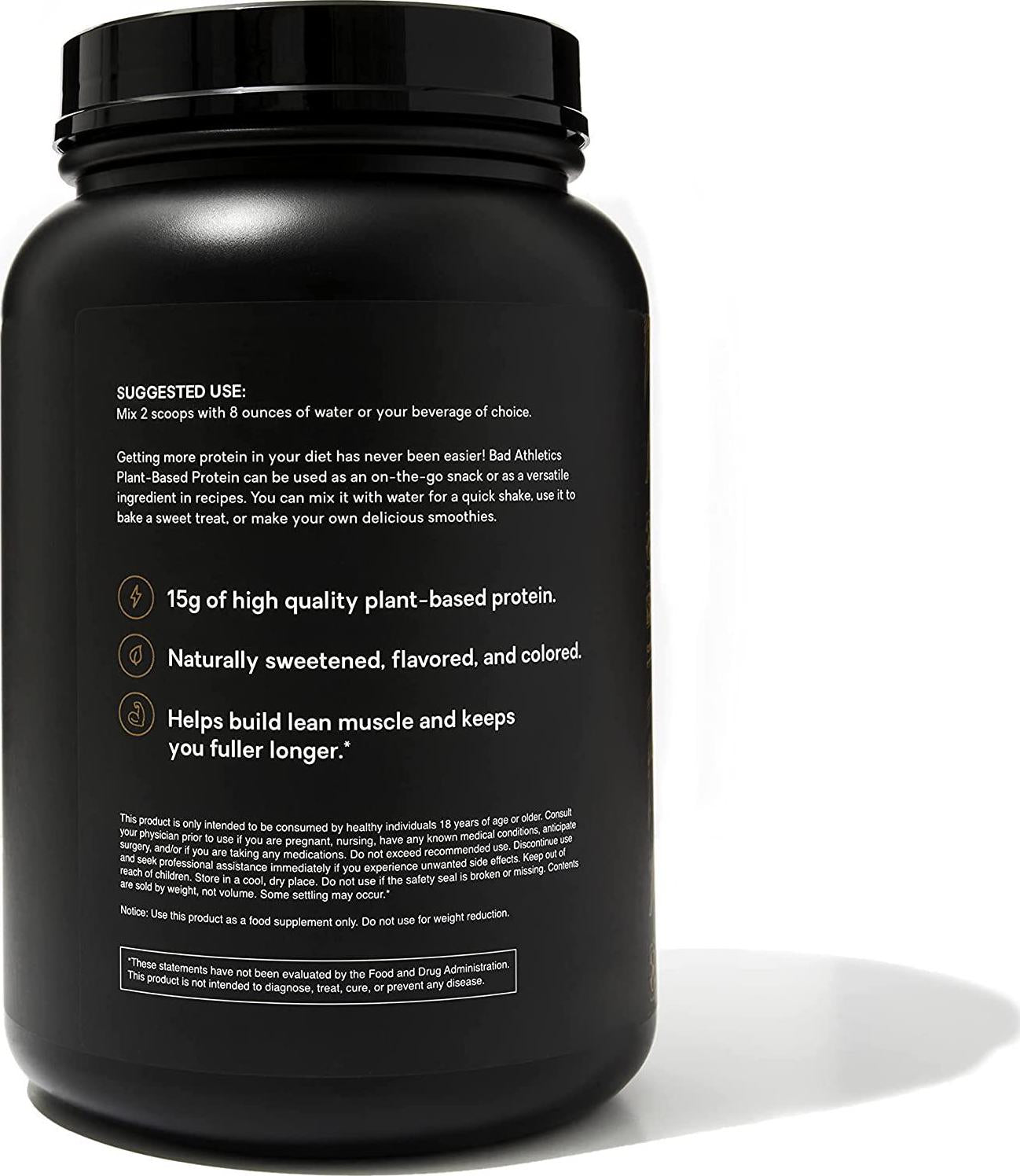 Bad Athletics Chocolate Plant-Based Protein | 15 Grams of Protein | High Protein Supplement and Snack | 30 Servings Per Bottle