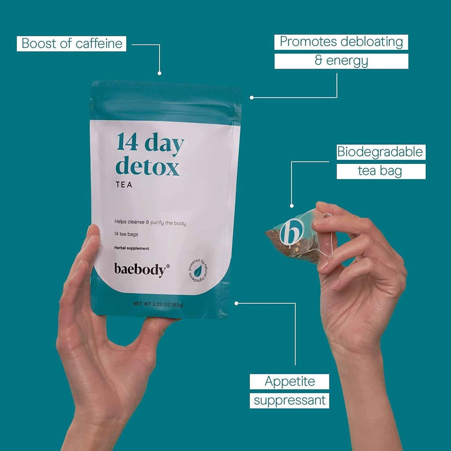 Baebody 14-Day Teatox Herbal Detox Tea Supplement with Green Tea and Ginger Root, 14 Tea Bags