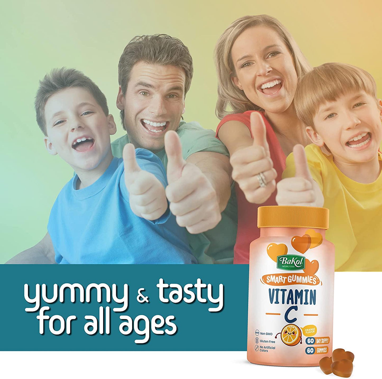 Bakol Vitamin C Gummies for Kids Ages 3 and Up - Natural Vitamin C Supplement with Rose Hips, Non-GMO, Gluten-Free, No Artificial Colors - 60-Count Orange-Flavored Gummies