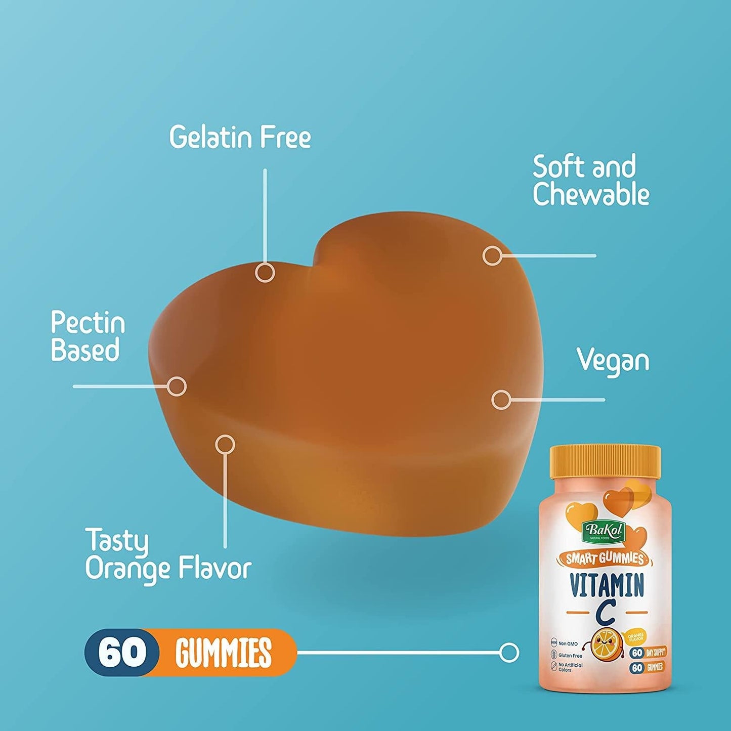 Bakol Vitamin C Gummies for Kids Ages 3 and Up - Natural Vitamin C Supplement with Rose Hips, Non-GMO, Gluten-Free, No Artificial Colors - 60-Count Orange-Flavored Gummies