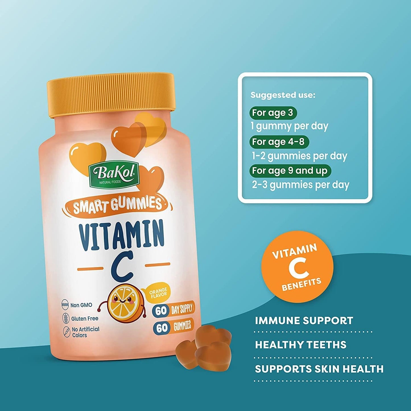 Bakol Vitamin C Gummies for Kids Ages 3 and Up - Natural Vitamin C Supplement with Rose Hips, Non-GMO, Gluten-Free, No Artificial Colors - 60-Count Orange-Flavored Gummies