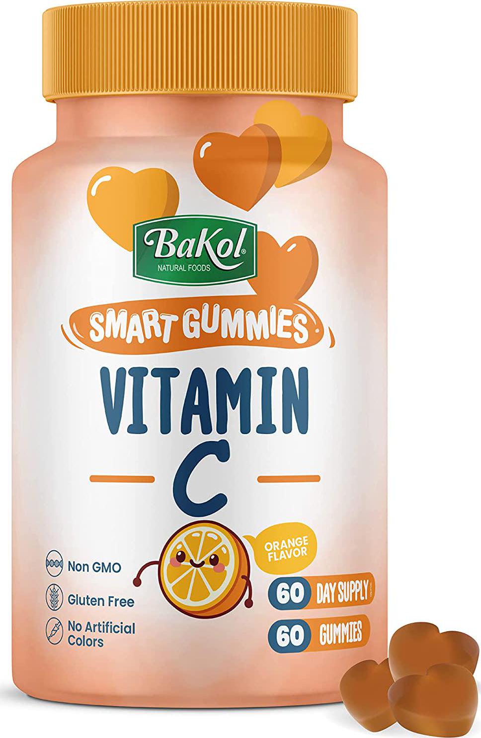 Bakol Vitamin C Gummies for Kids Ages 3 and Up - Natural Vitamin C Supplement with Rose Hips, Non-GMO, Gluten-Free, No Artificial Colors - 60-Count Orange-Flavored Gummies