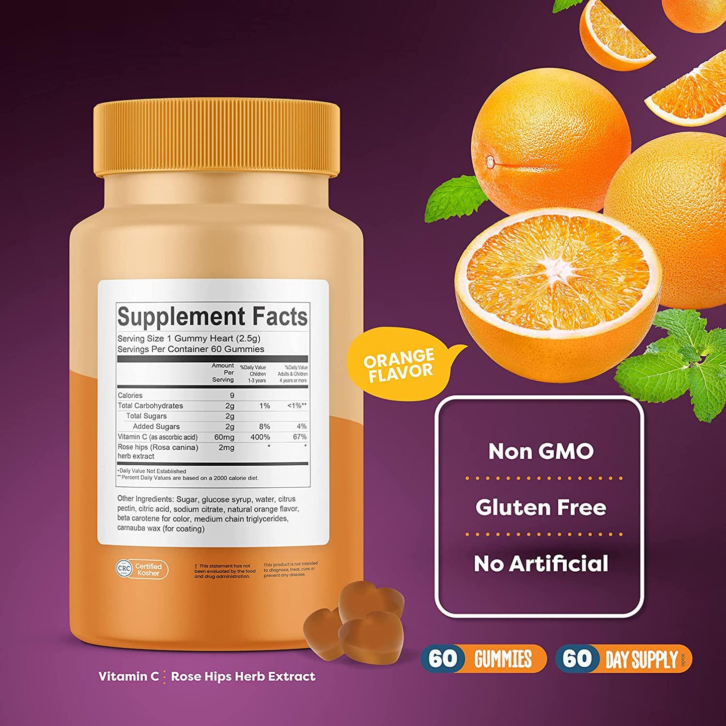 Bakol Vitamin C Gummies for Kids Ages 3 and Up - Natural Vitamin C Supplement with Rose Hips, Non-GMO, Gluten-Free, No Artificial Colors - 60-Count Orange-Flavored Gummies