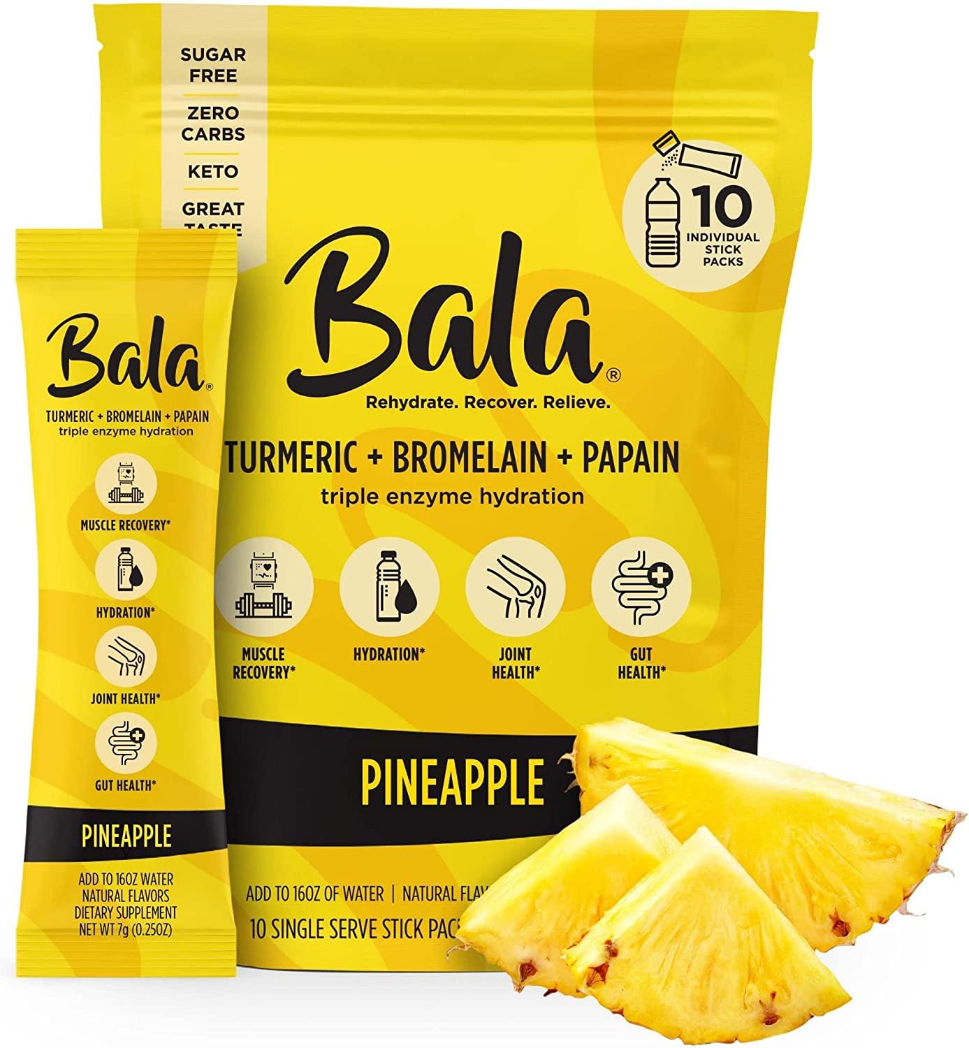 Bala Turmeric Enzyme Electrolyte Powder Packets, Post Workout Muscle Recovery Drink, Sugar Free Keto Hydration Mix for Gut Health, Pineapple, 10 Pack with 34 OZ Premium Water Bottle