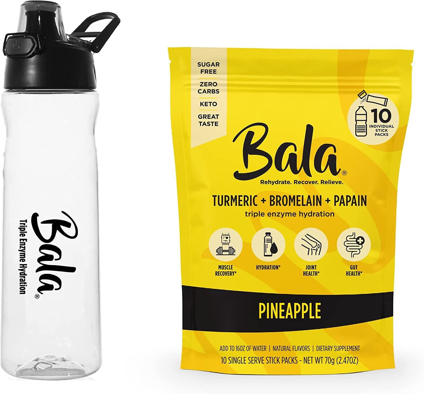 Bala Turmeric Enzyme Electrolyte Powder Packets, Post Workout Muscle Recovery Drink, Sugar Free Keto Hydration Mix for Gut Health, Pineapple, 10 Pack with 34 OZ Premium Water Bottle