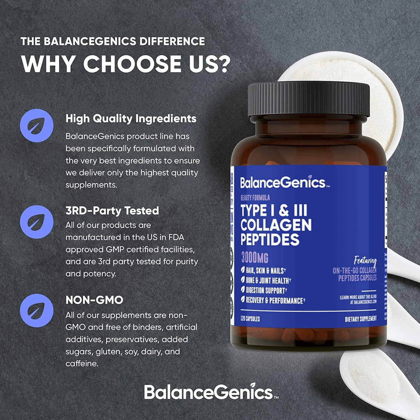 BalanceGenics Collagen Capsules | Convenient Capsule Form, Highly Absorbable Hydrolyzed Collagen Peptides, Type I and III, Grass-fed Bovine, Non-GMO, Soy-Free, Dairy-Free, Gluten-Free