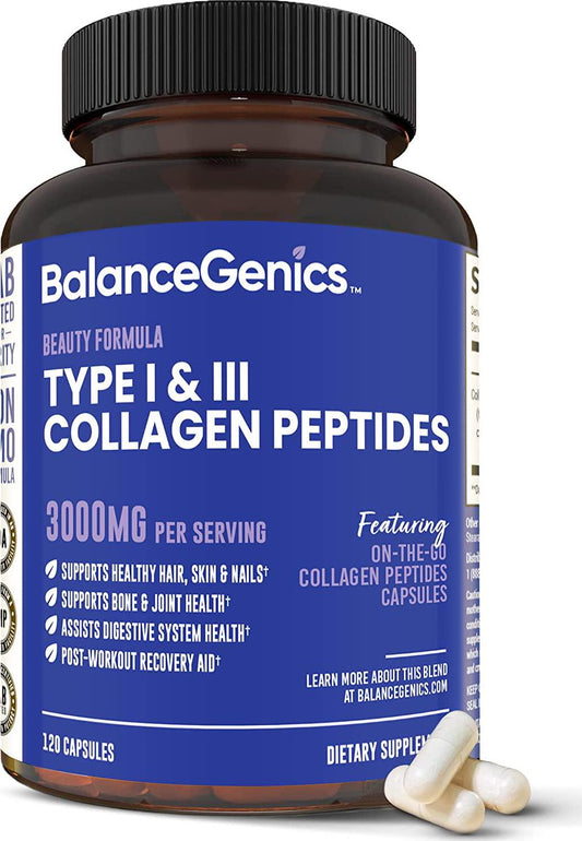 BalanceGenics Collagen Capsules | Convenient Capsule Form, Highly Absorbable Hydrolyzed Collagen Peptides, Type I and III, Grass-fed Bovine, Non-GMO, Soy-Free, Dairy-Free, Gluten-Free