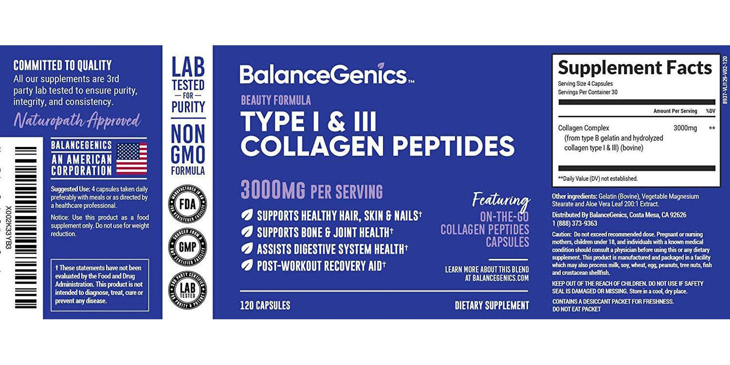 BalanceGenics Collagen Capsules | Convenient Capsule Form, Highly Absorbable Hydrolyzed Collagen Peptides, Type I and III, Grass-fed Bovine, Non-GMO, Soy-Free, Dairy-Free, Gluten-Free