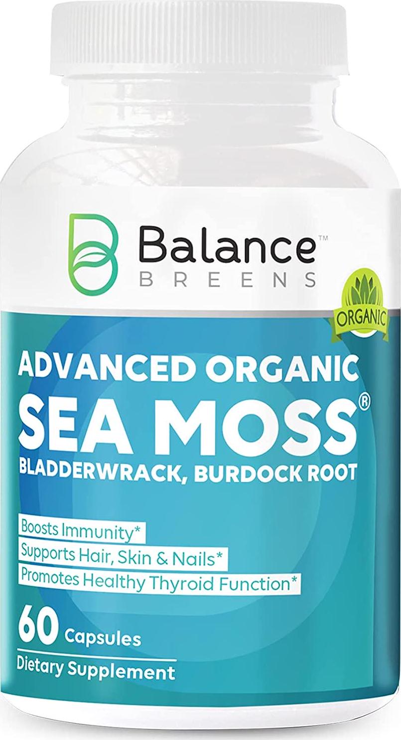 Balance Breens Certified Organic Irish Sea Moss Supplement with Bladderwrack, and Burdock Root - 60 Capsules - Pure Sea Moss Dietary Supplement for Immunity, Thyroid, Digestive and Joint Support