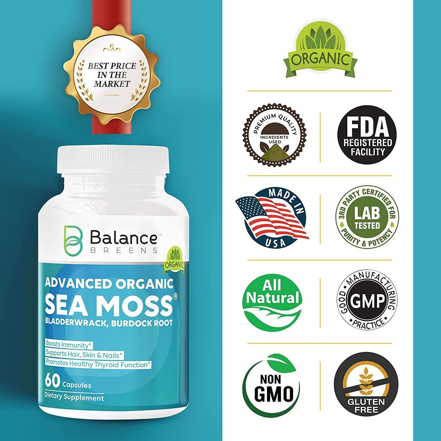 Balance Breens Certified Organic Irish Sea Moss Supplement with Bladderwrack, and Burdock Root - 60 Capsules - Pure Sea Moss Dietary Supplement for Immunity, Thyroid, Digestive and Joint Support
